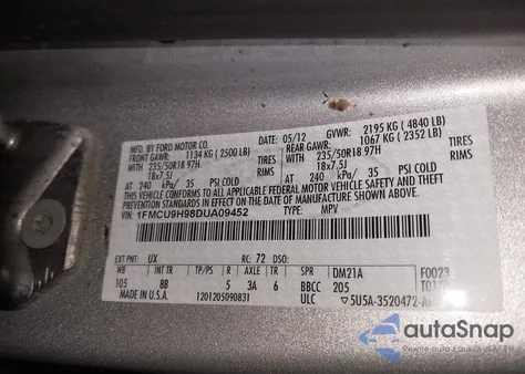 2013 Ford Escape Sel из США, поврежденный, VIN 1FMCU9H98DUA09452